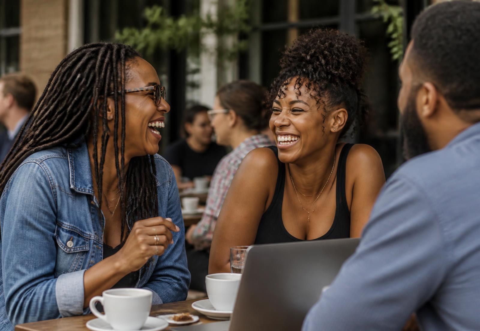 Two women veterans laughing together over coffee at an outdoor cafe with a friend