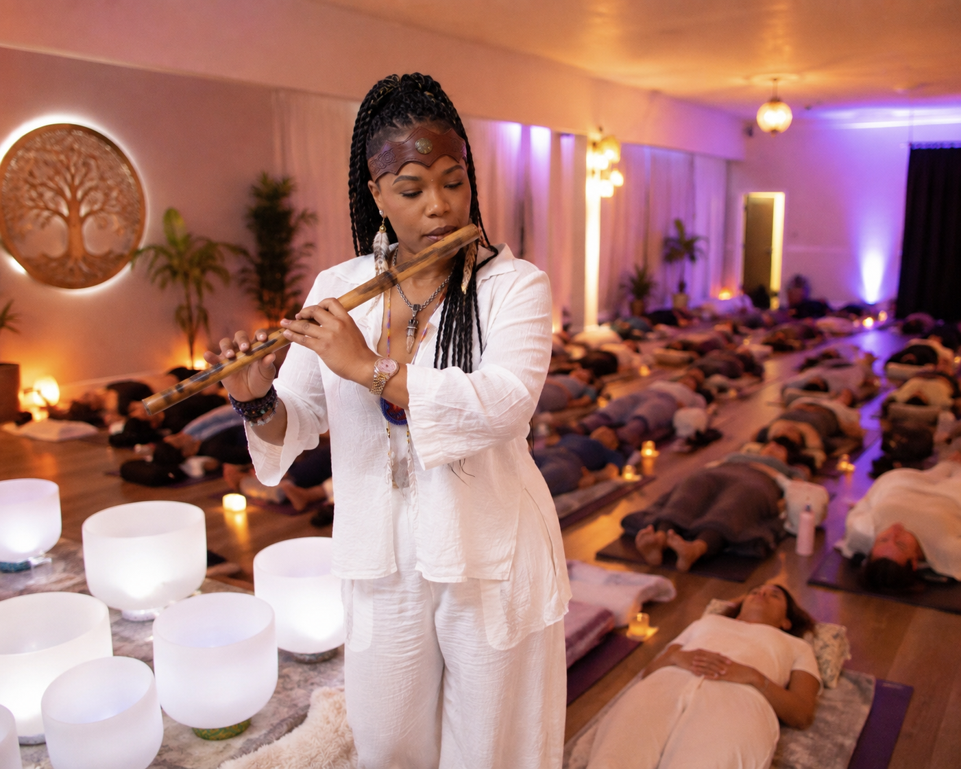 A sound practitioner playing a wooden flute among crystal singing bowls while participants rest on mats in candlelight