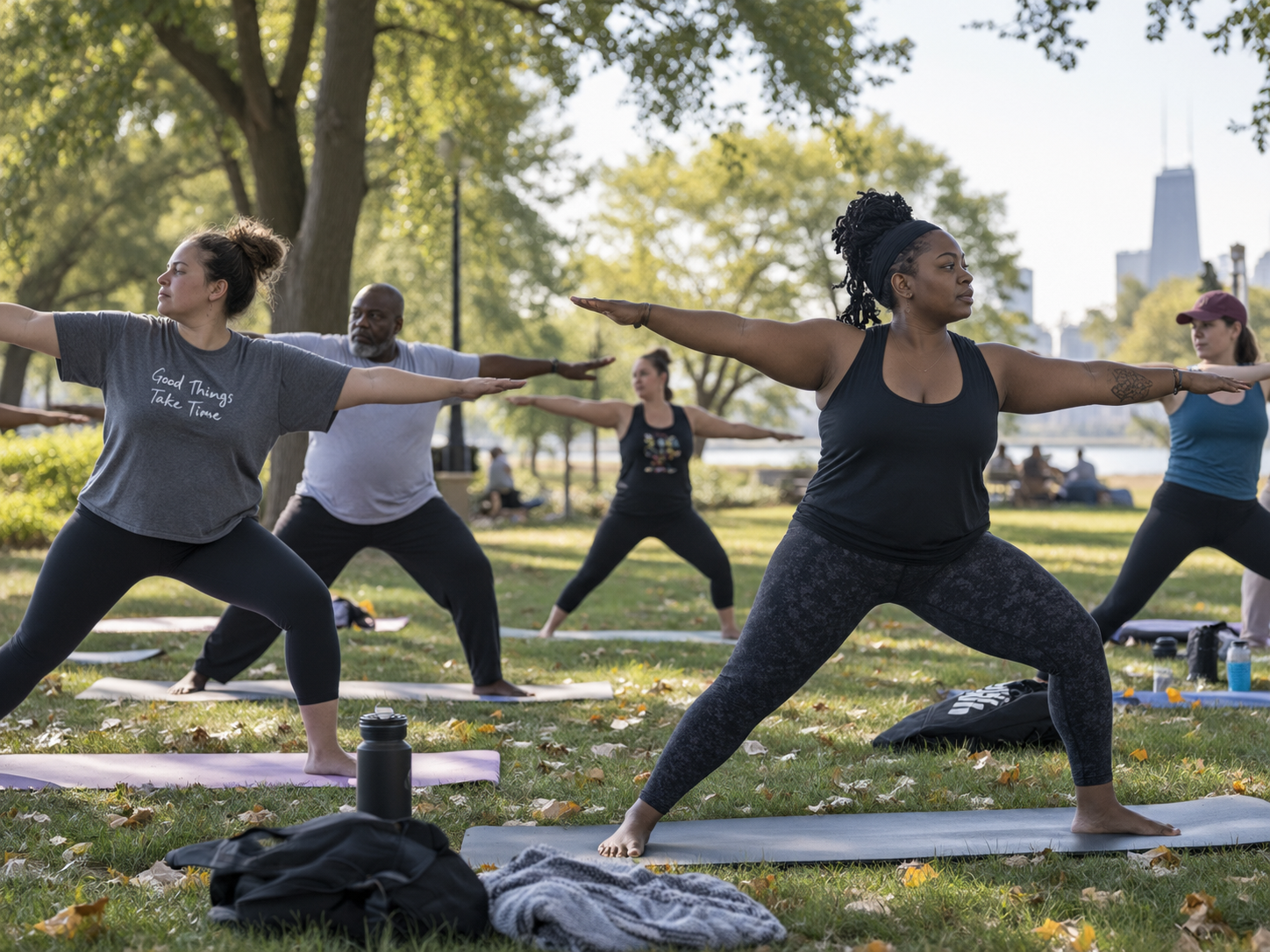 Adults of different ages and body types practicing accessible outdoor yoga on mats in a community park, each at a different stage of movement