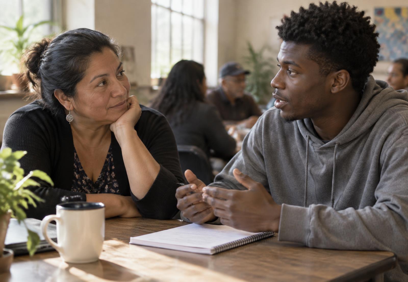 A woman and a younger man in conversation at a table in a community space