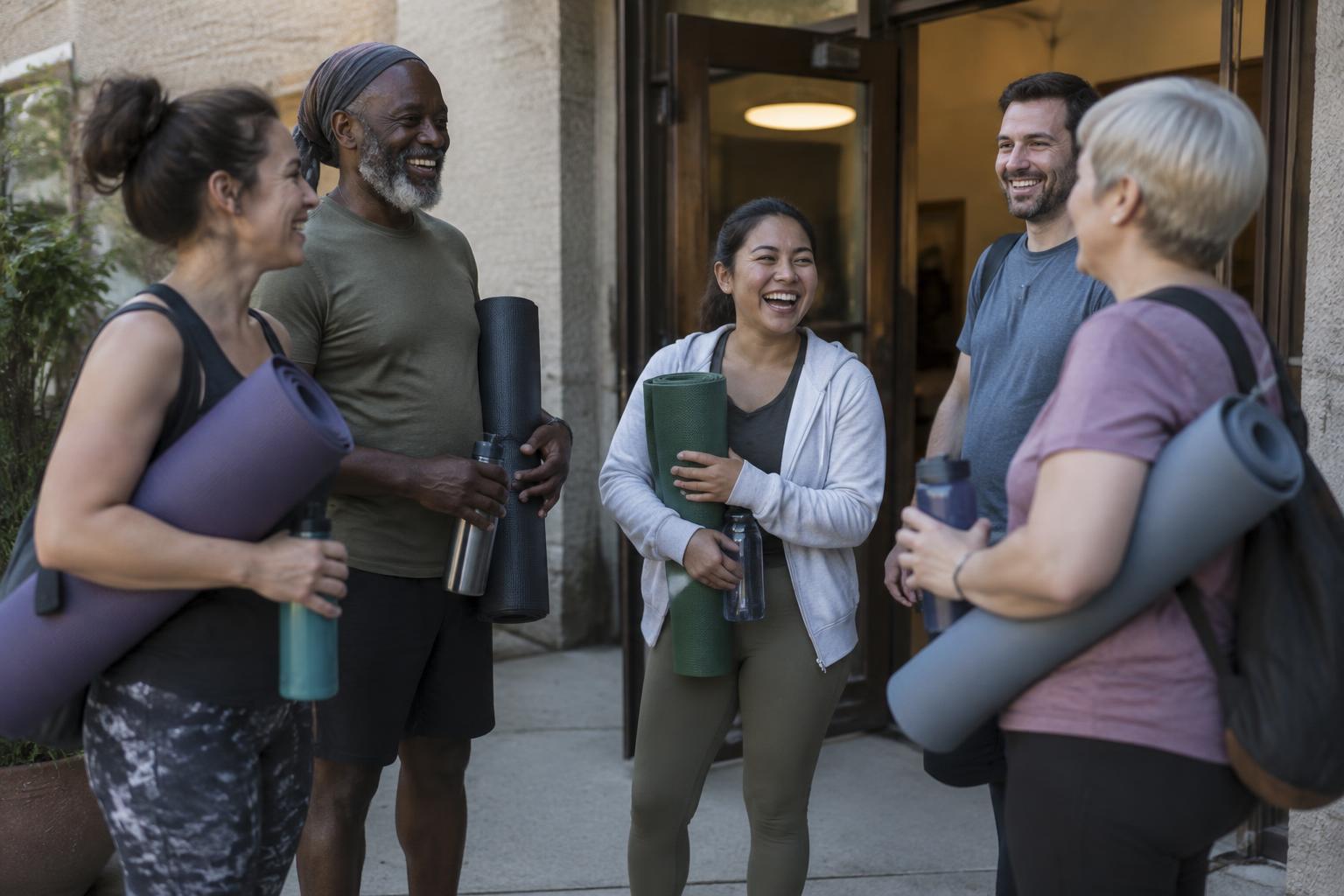 A diverse group of adults standing outside a community building before a session, laughing together while holding rolled mats and water bottles