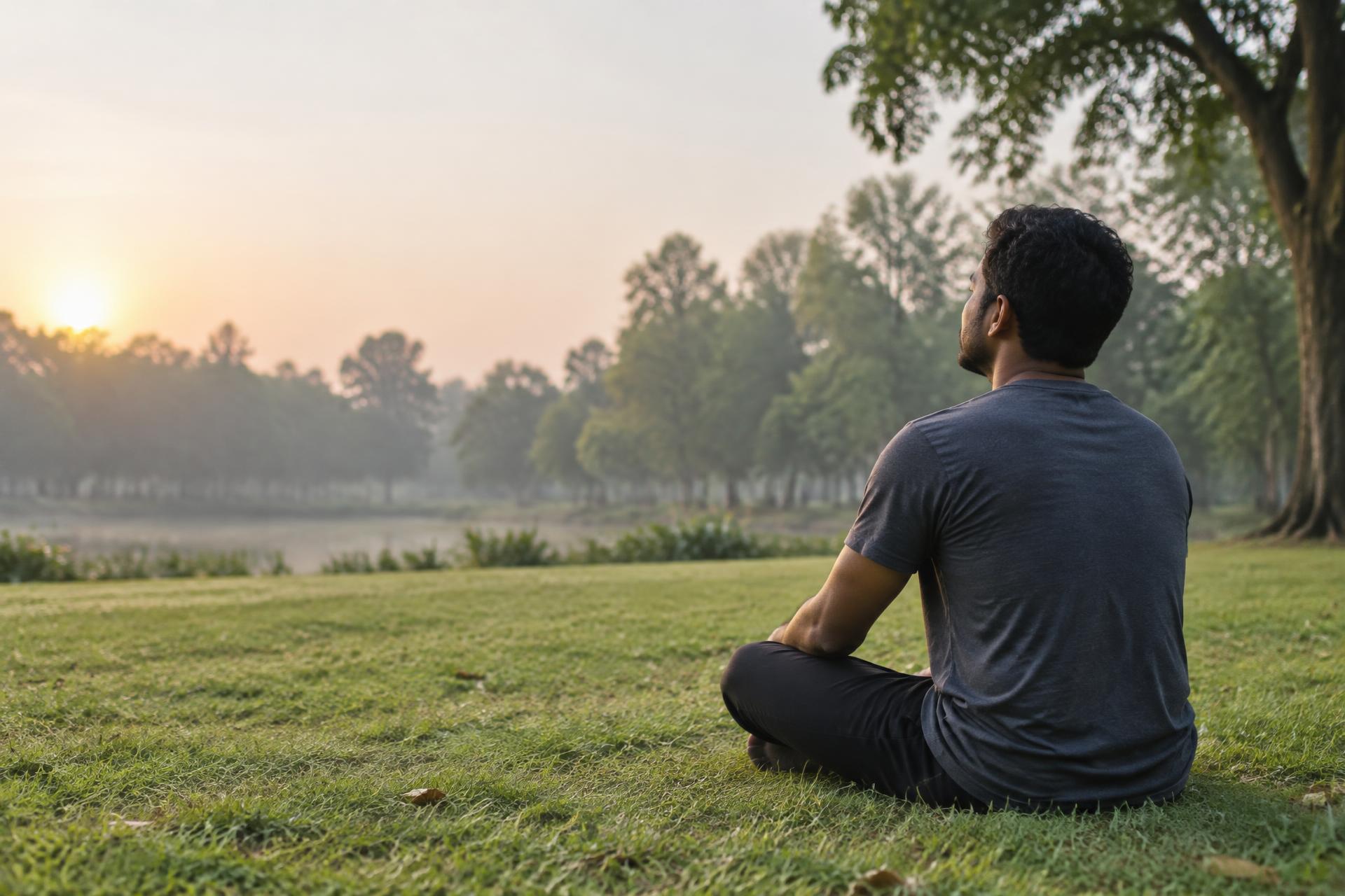 A person sitting quietly in a park at sunrise, looking toward the water